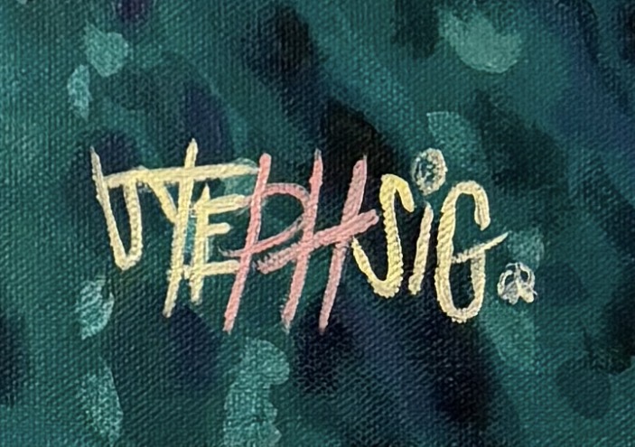 Steph Sig painted in coral and cream on teal canvas