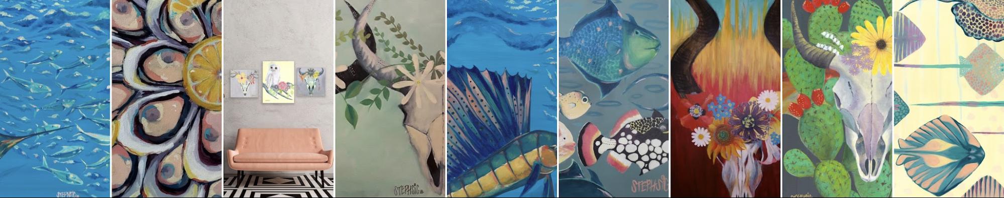 A mosaic of Stephanie Signorelli's flora, fauna and travel paintings